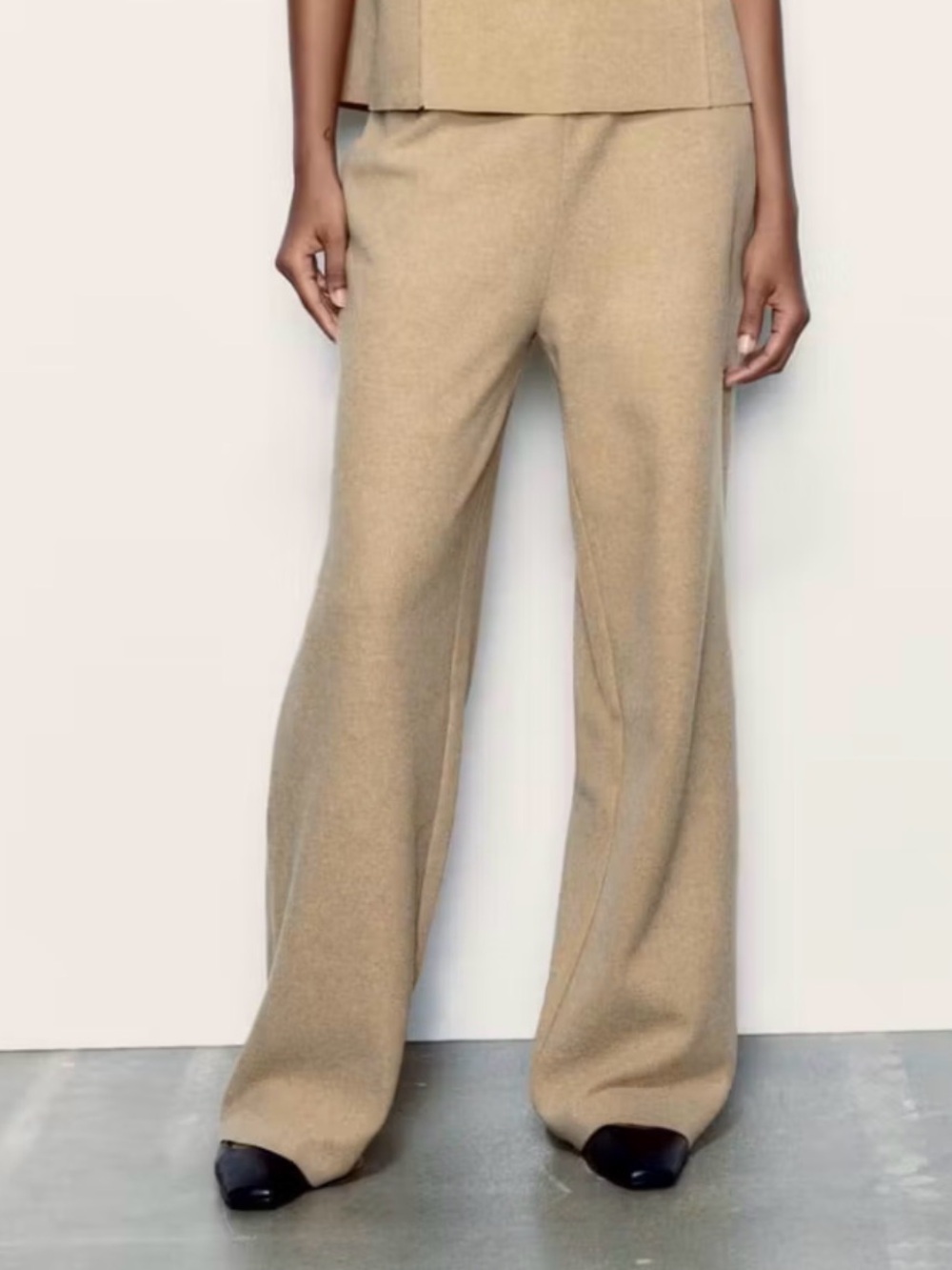Zara Wide-Leg Knit Pants in Beige